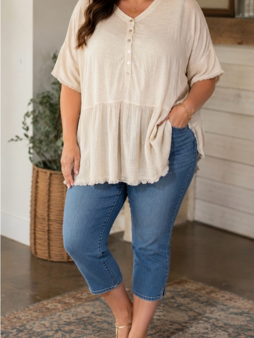Wonderly Beige Short-Sleeve Tiered Henley Tunic - Picture 2 of 10